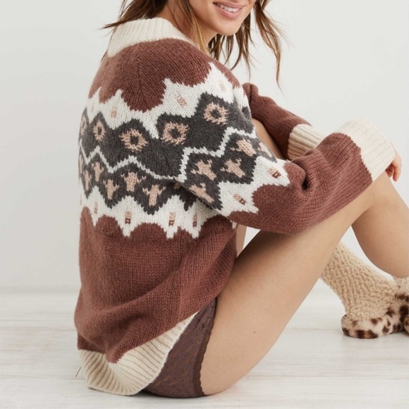 Aerie |  Fair Isle Crew Neck Wool Blend Long Sleeve Sweater Size Medium - Picture 1 of 8